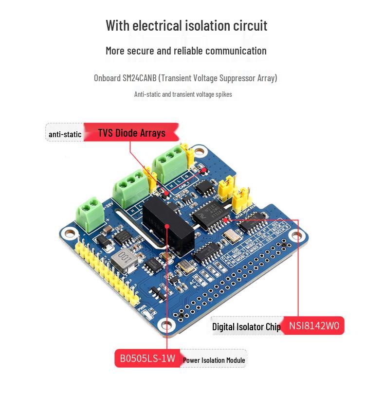 Dual-Channel Isolated CAN FD Bus Expansion Board for Raspberry Pi with SPI Interface, 4-Channel CAN Module Support