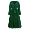 Women's Color Long Sleeved Slim Fitting Pleated Belt V-neck Dress