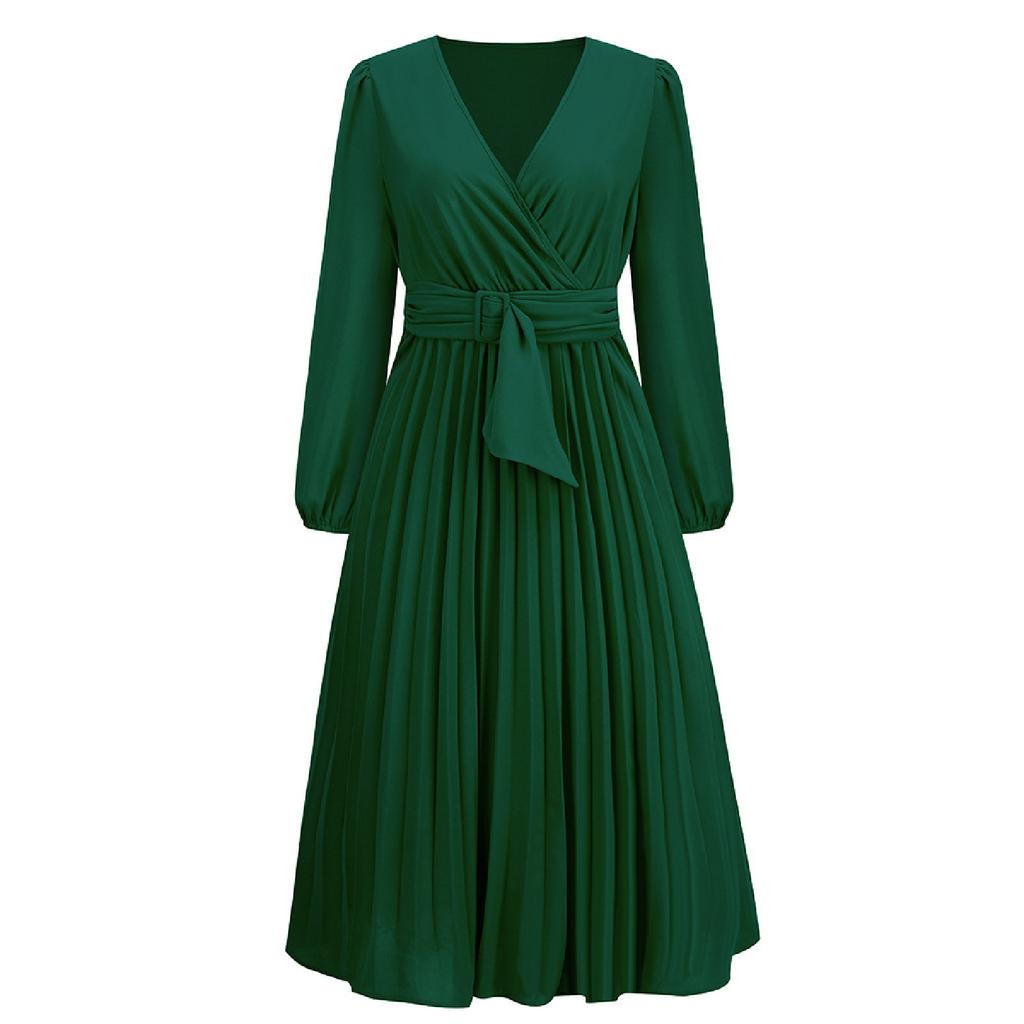 Women's Color Long Sleeved Slim Fitting Pleated Belt V-neck Dress