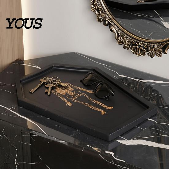 Halloween Party Serving Dish Gothic Tray with Engraved Skeleton, Wooden Charcuterie Board, Casket Creative Entryway Key Holder Shape Storage