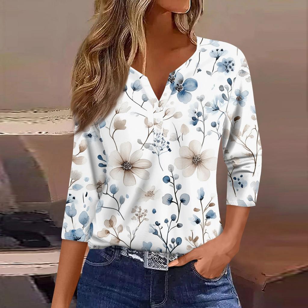 Women's T Shirt Tee Print Button 3/4 Sleeve Daily Weekend Fashion Basic V- Neck Regular Top