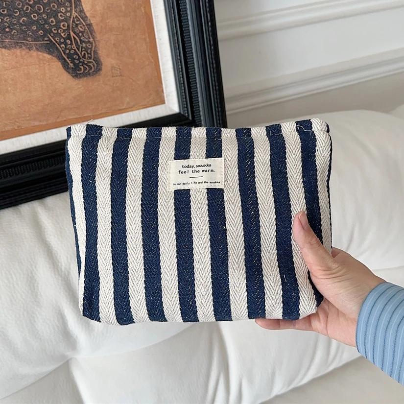 Retro Stripe Cosmetic Bag for Women Portable Canvas Travel Toiletries Storage Bags Female Makeup Case Clutch Purse Handbags