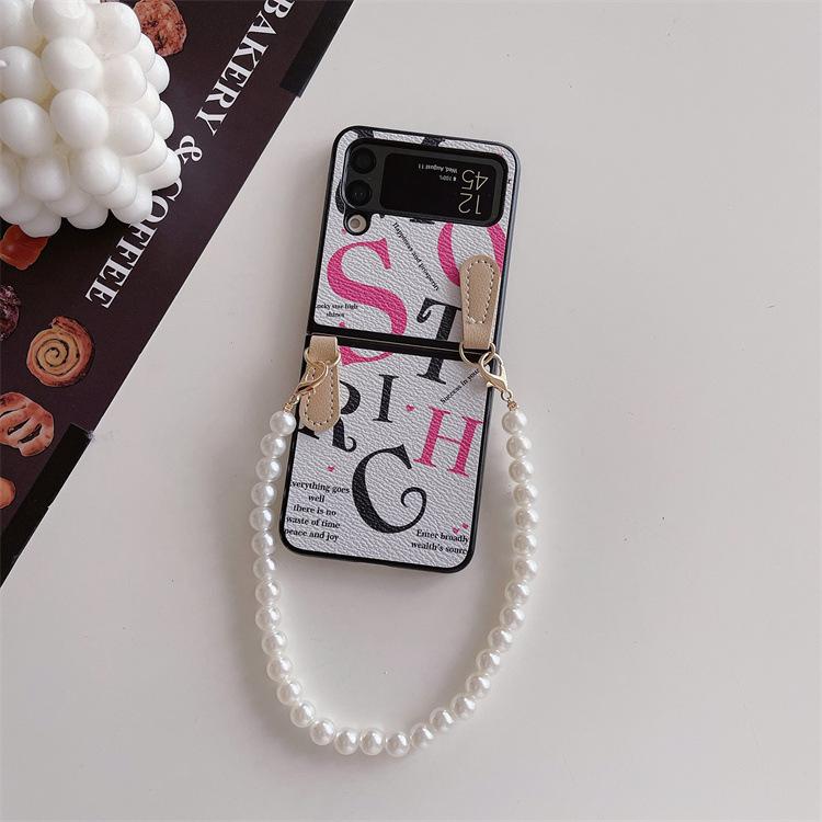Applicable To Samsung ZFlip3 Folding Screen Mobile Phone Case, Zebra Pattern Pearl Lanyard Zflip4 Portable Wristband Protective Case