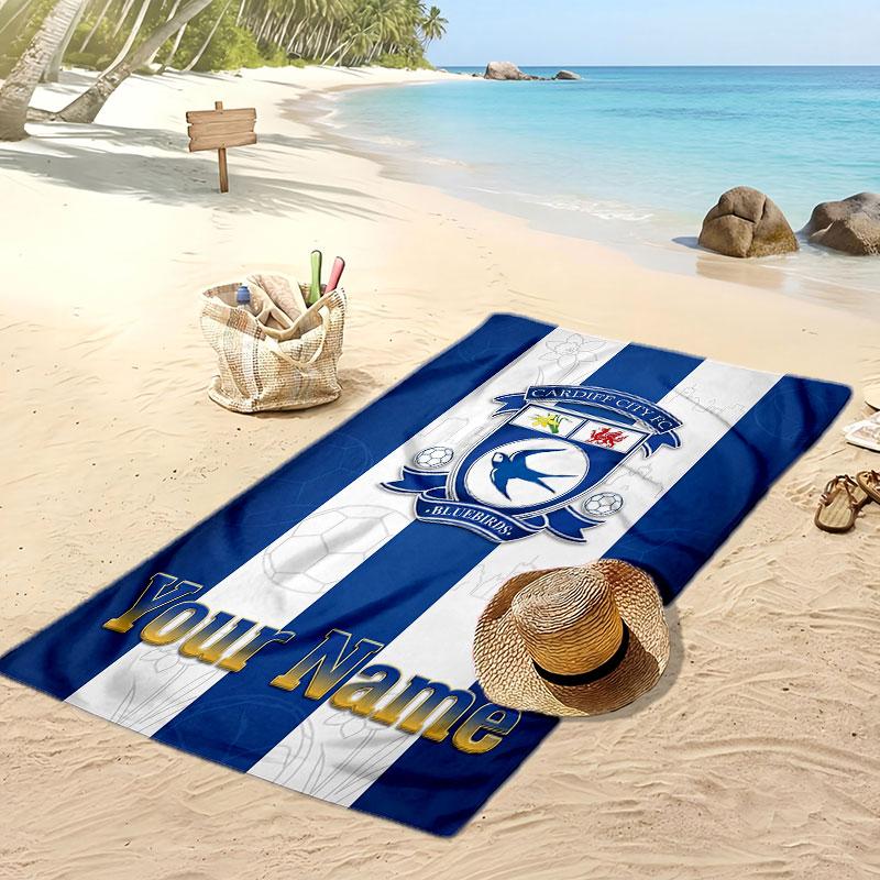 Cardiff City Personalized Printed Beach Towel Soccer Logo Support Custom Name Text Absorbent Towel For Sport Travel Special Gift
