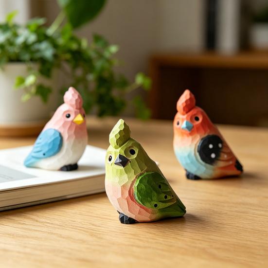 Hand-Carved Bird Sculpture Solid Wood Ornaments Miniature Desk Decor for Home Study Office Room Cute Gift for Bird Lovers
