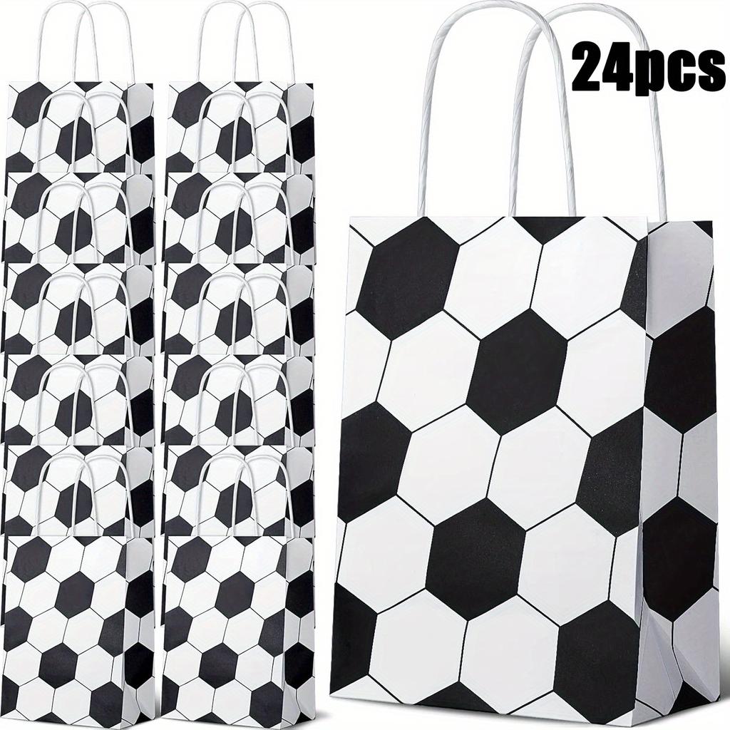 24 Pack Soccer Themed Paper Party Favor Bags with Handles - Durable Kraft Gift Storage Packaging for Sports Birthday, Team Events Tote Bags