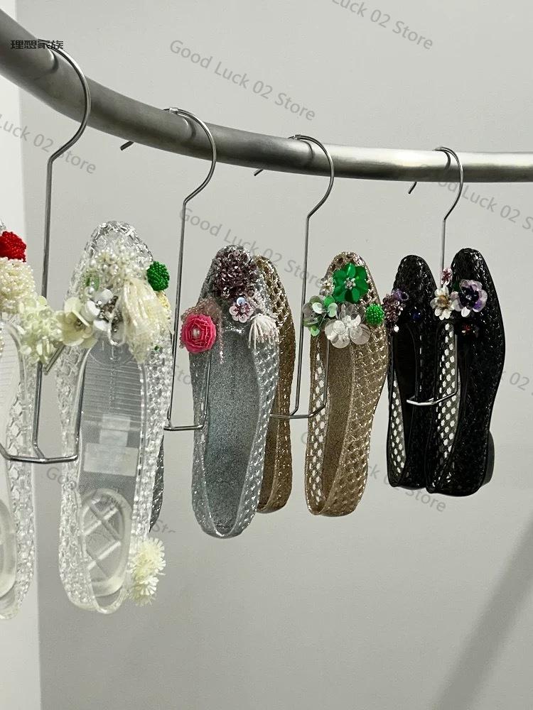 Fashion New Style Pointed-toe Open-toe Sandals with Flat Sole, Jelly-style Shoes, DIY Shoes, Floral Handcrafted with Crystals and Nettin