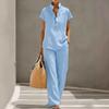 Yousheng Women Cotton Linen 2 Piece Sets Short Sleeve Button Up V Neck And Long Pants Summer Lounge Outfits with Pockets