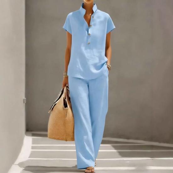 Yousheng Women Cotton Linen 2 Piece Sets Short Sleeve Button Up V Neck And Long Pants Summer Lounge Outfits with Pockets