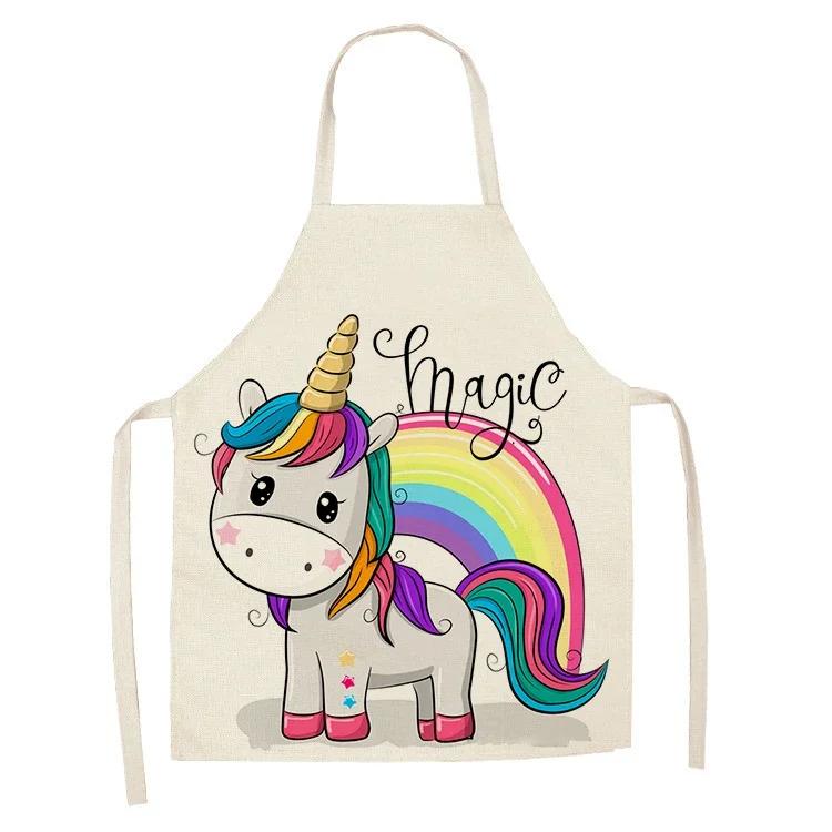 1Pcs Kitchen Apron Cartoon Unicorn Music Printed Cotton Linen Aprons for Women Men Cooking Accessories Delantal Cocina Mujer