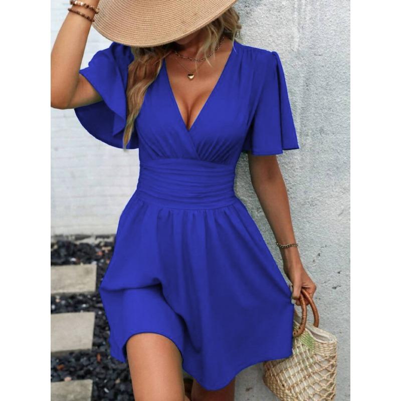 Sommerkleid mit tiefem V-Ausschnitt, Rüschenärmeln und einfarbiger Palette S blau