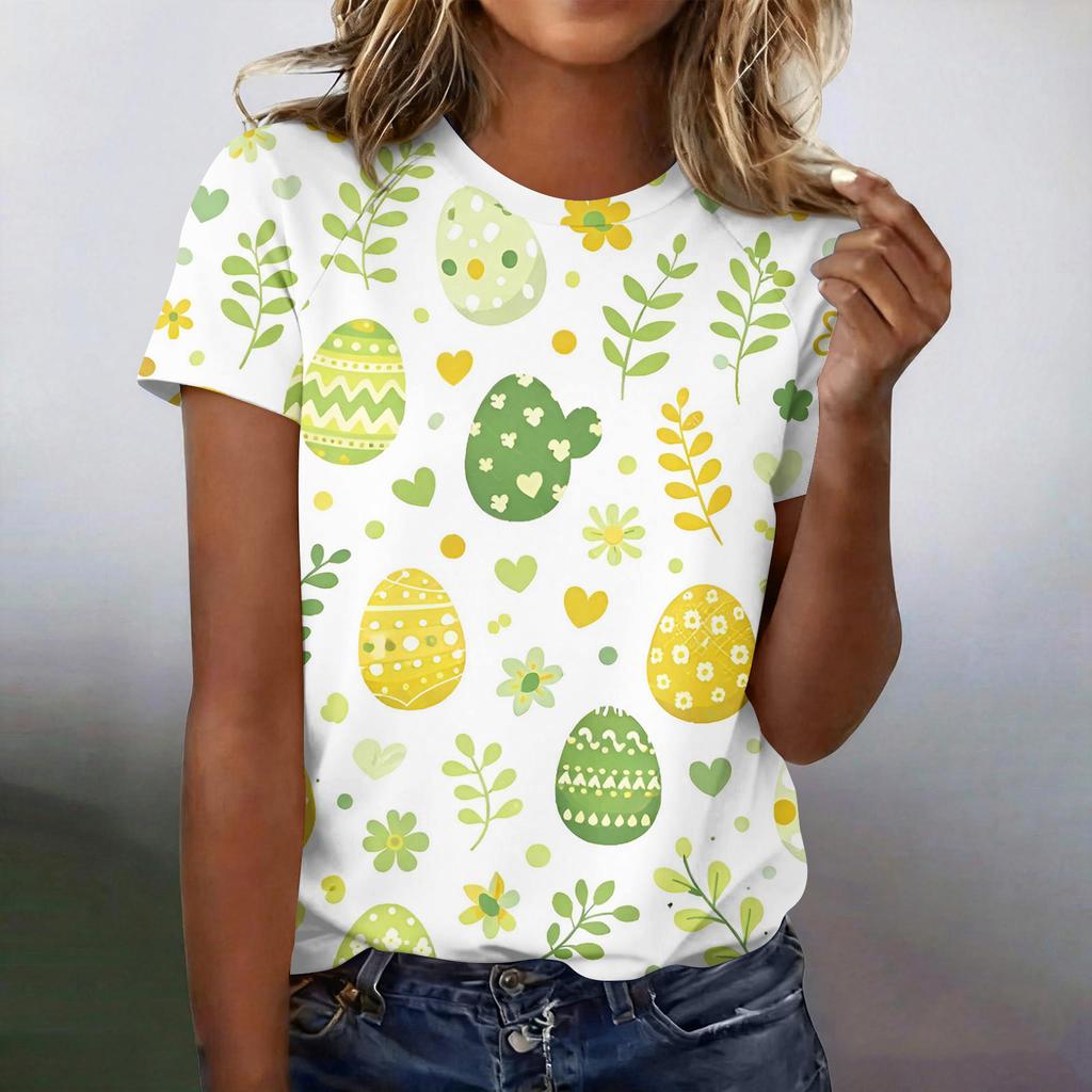 Women's Fashionable Casual Short-Sleeved Raglan Sleeve Easter Print T-Shirt Top