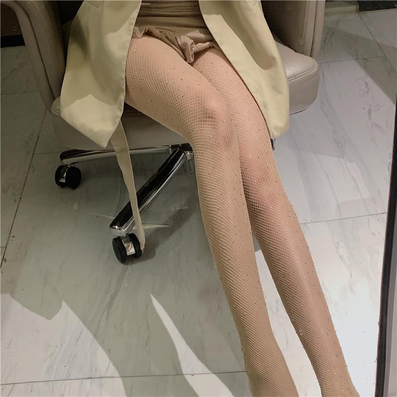 Black Fishnet Stockings with Sparkling Rhinestones - Anti-snag Silk Pantyhose for Clubbing