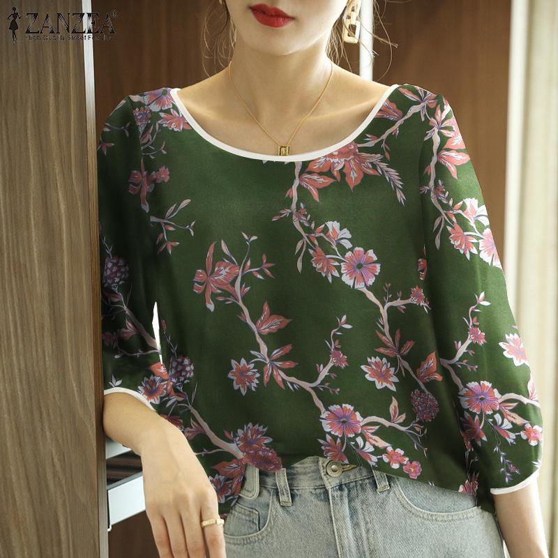 

ZANZEA Женская блузка с круглым вырезом и рукавом 3/4 с цветочным принтом 4XL чёрный