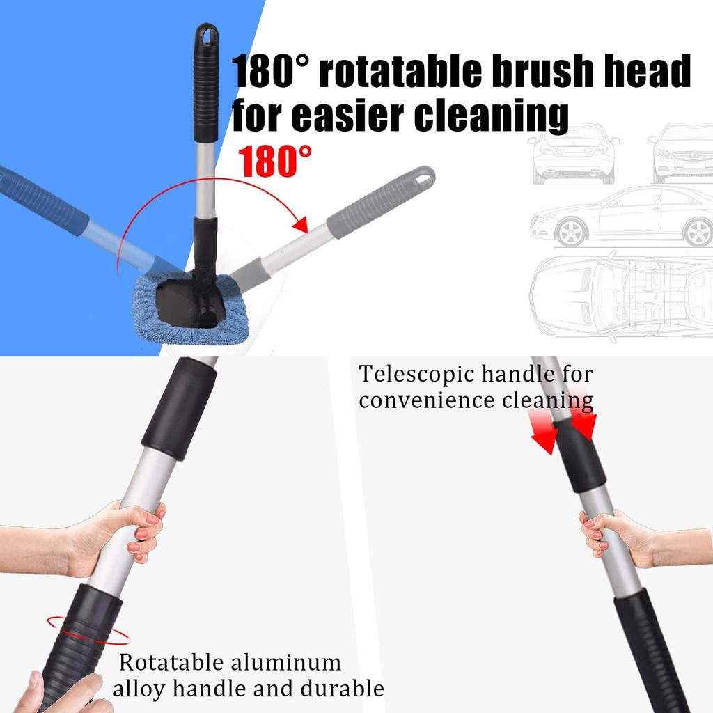 Glass Cleaner Wiper, Windshield Cleaning Tool, Microfiber Window Cleaner With Extendable Handle, Auto Glass Wiper Kit (Blue Square)