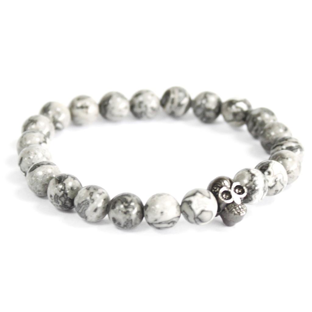 Grey Agate Stretch Bracelet, Pewter Skull