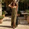 Women's Sleeveless Maxi Dress, Square Neck Spaghetti Strap Casual Long Dress, Summer Slit Beach Vacation Sundress