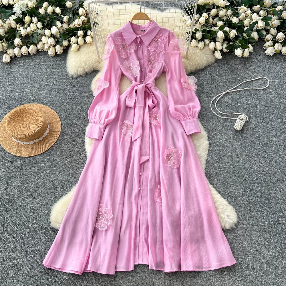 Chic Vintage Three-dimensional Single Breasted Slim Elegant Fairy Korean Fashion Boho Women Clothing Long Dress