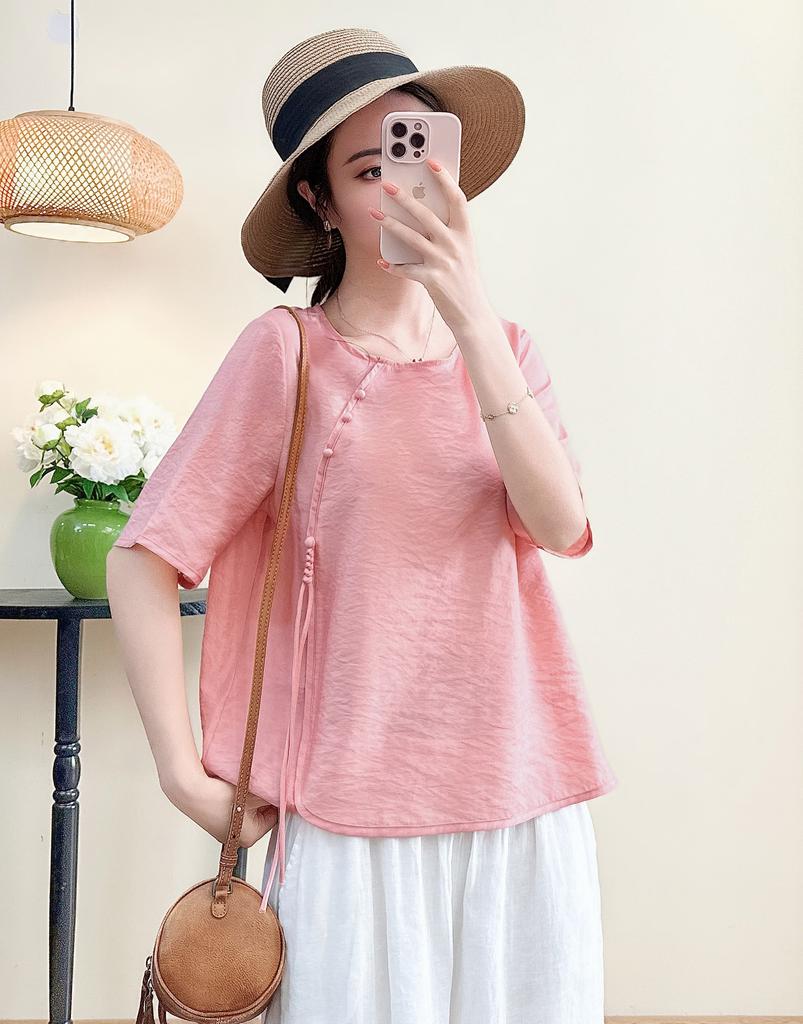 Women's Round Neck Three Quarter Sleeve Tencel Linen Loose Fit Chinese Frog Button Casual Blouse
