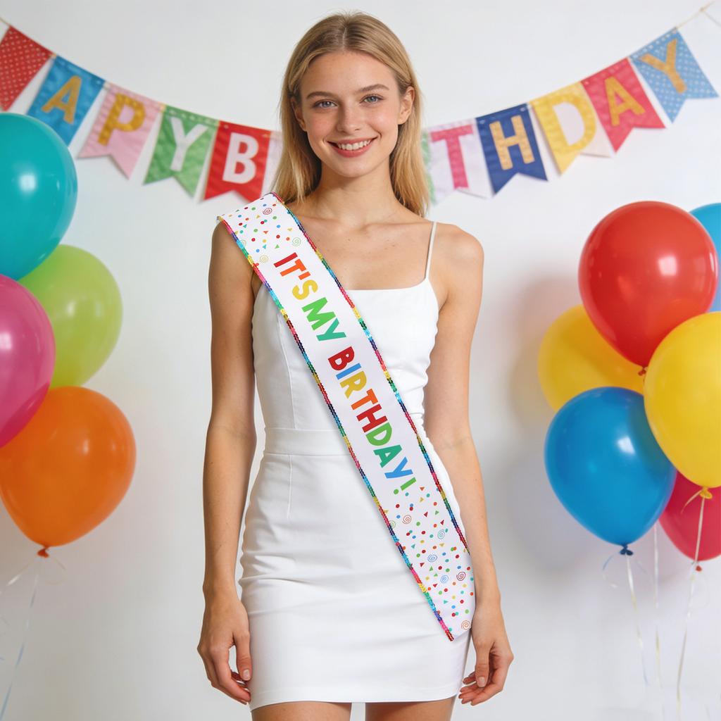 2026 Colored Birthday Letter Shoulder Strap Sequins Digital Printed Etiquette Strap IT'S MY BIRTHDAY Party Decoration