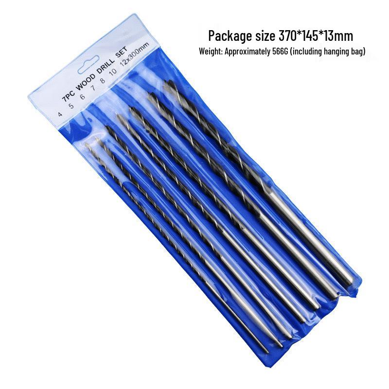 7-Piece Extended 300mm Three-Point Woodworking Drill Set with Centering Hole Opener (4-12mm) in Hanging Bag
