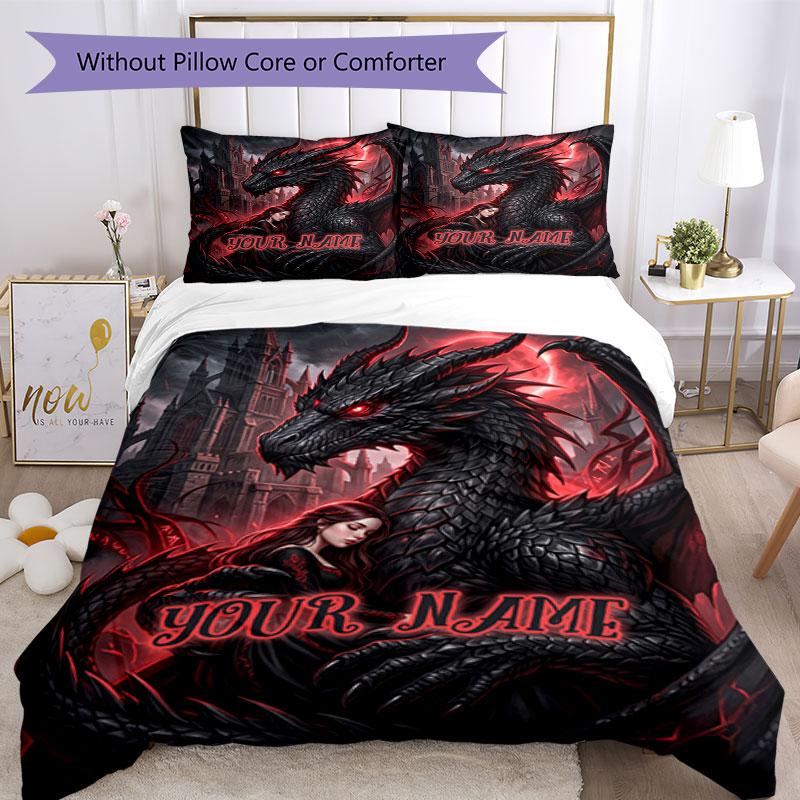 3PC Custom Name Dragon's Dark Embrace Bedding Set Duvet Cover Closure Includes 1 Duvet Cover & 2 Pillowcases for Bedroom