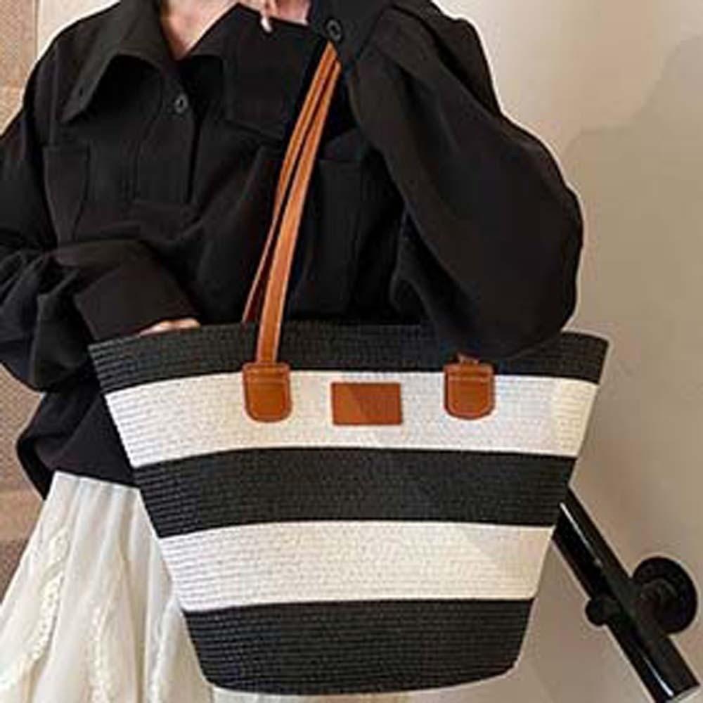 Polyester Stripe Woven Tote Bag Large Capacity Summer Beach Handbag Shopping Straw Bag  Vacation