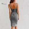 Dame Sommer Denimkjole Lav U-hals Ryggløs Ermeløs Glidelåslukking Slim Fit Distressed Sidesplitt Retro Etui Midi-kjole