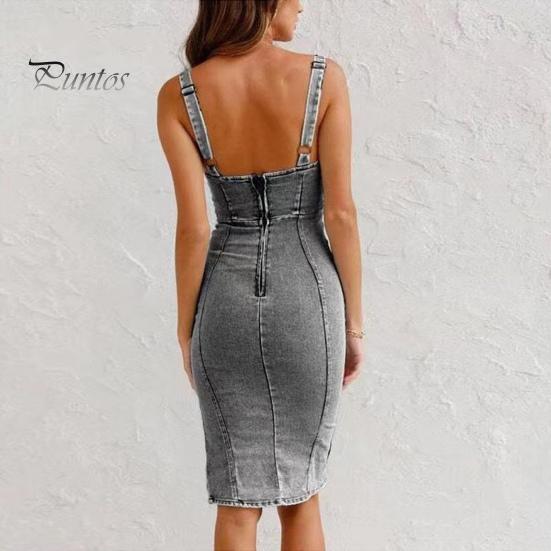 Dame Sommer Denimkjole Lav U-hals Ryggløs Ermeløs Glidelåslukking Slim Fit Distressed Sidesplitt Retro Etui Midi-kjole
