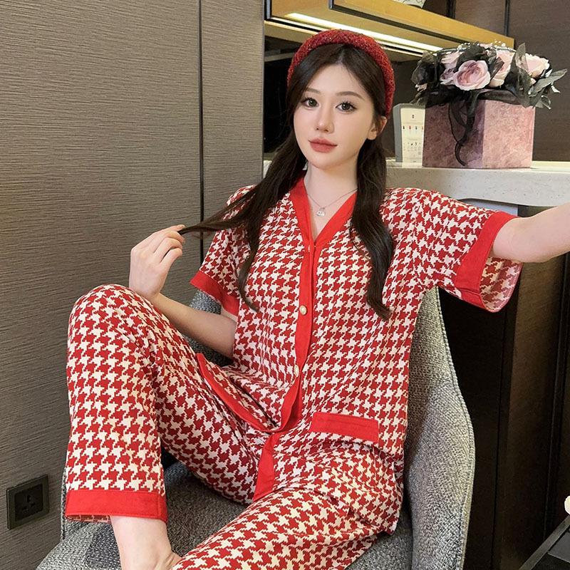 Oversized Women's Pajama Set Summer New Style V Neck Short Sleeve Button Top Pants Set Pajamas Women's 2 Piece Suit