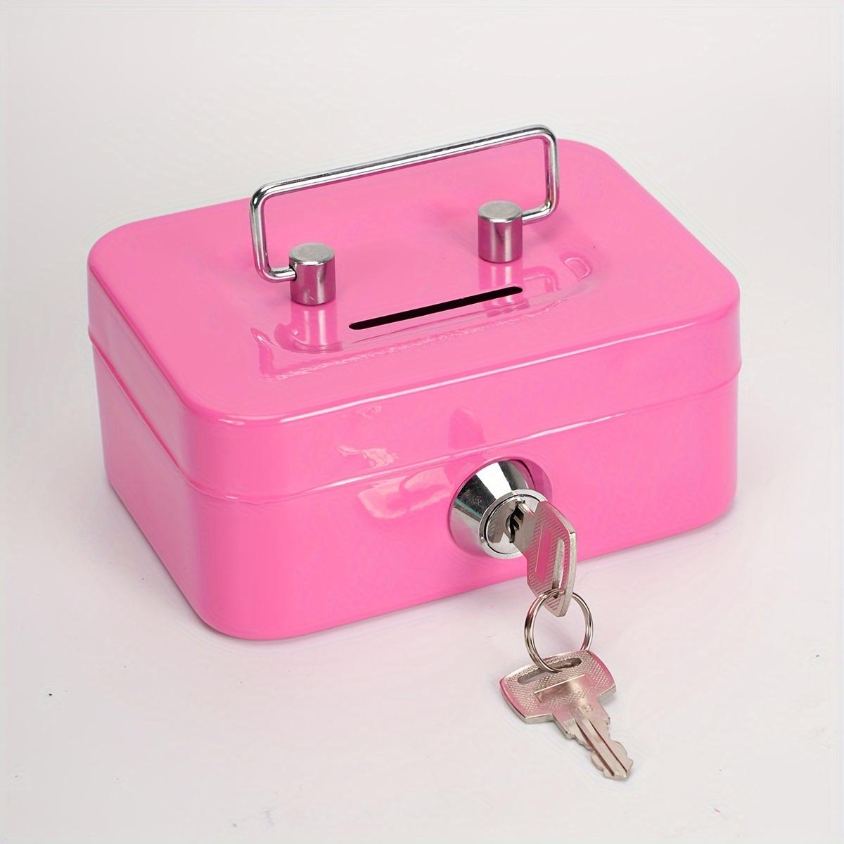 

1 шт. Ящик для денег, Запираемый ящик для наличных с ключом, Портативная копилка, Маленький сейф с замком, Прочные ящики для монет розовый