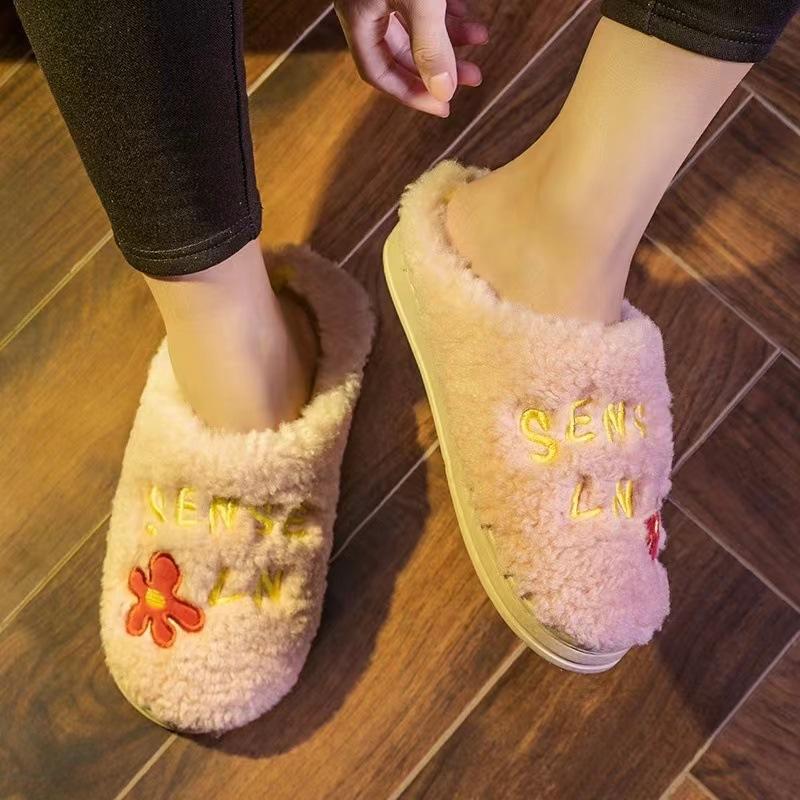 Slippers Autumn and Winter Home Indoor Cute Non-slip Shoes Couple Plush Home Cotton Slippers Fluffy Tray