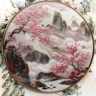 Golden Wooden Sign, Cherry Blossom Design, Round Shape, Door Hanger, Wall Decor, Wreath Sign, 8x8in, 11.8x11.8in, 1Pc