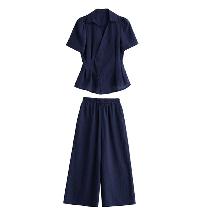 Design Sense Fashion Suit Women's  New Temperament Waist Thin Short-sleeved Shirt Wide-leg Pants Two-piece Set