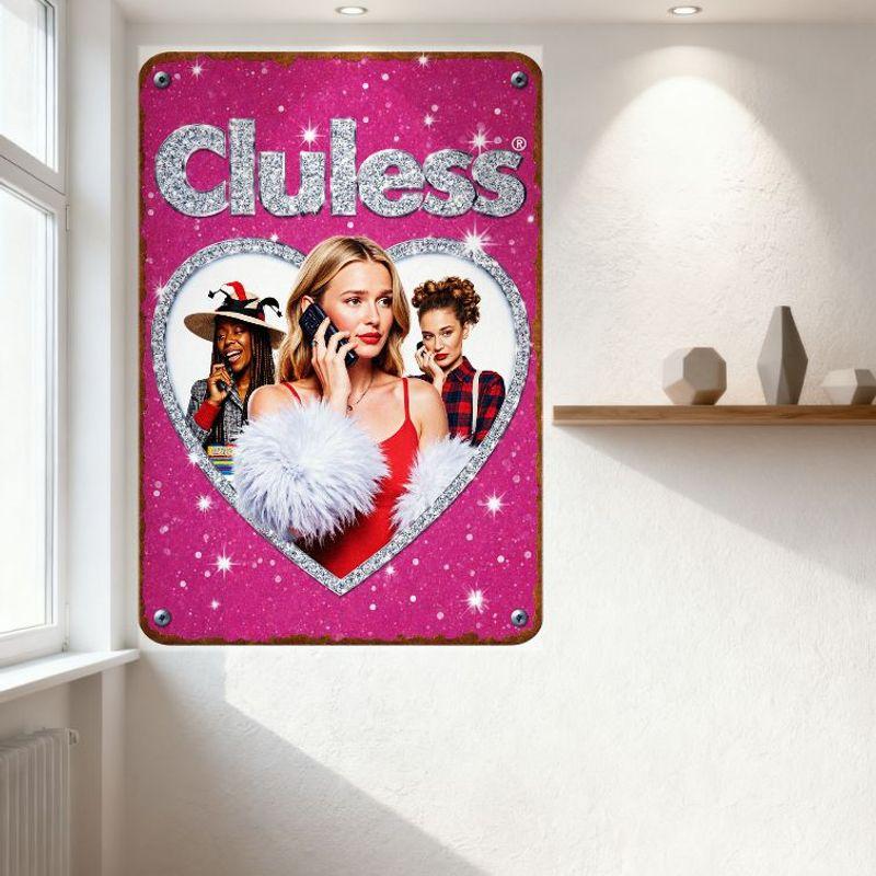 Clueless Movie Theme Metal Tin Sign Vintage Retro Rustic Wall Decor with Sparkly Heart Frame Blonde Red Dress Women for Home Bar