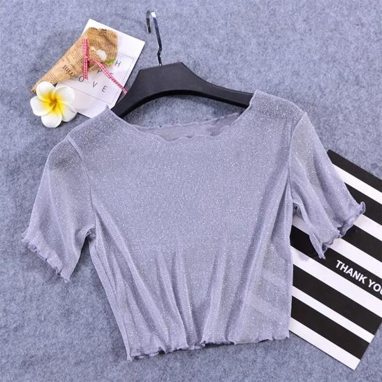 O-Ausschnitt Kurzarm Sheer Trim Crop Top Frauen See-through Glitter Mesh T-Shirt Streetwear