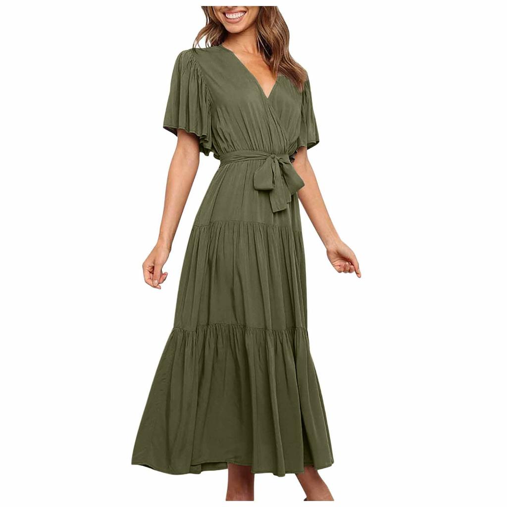 Women's Casual Fashion Color V-neck Lace-up Flared Sleeve Splicing Dress