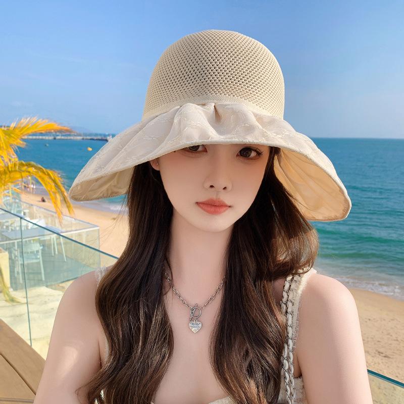 Summer new hat women's versatile knitted breathable color glue sun protection sun hat summer mesh bow sun hat