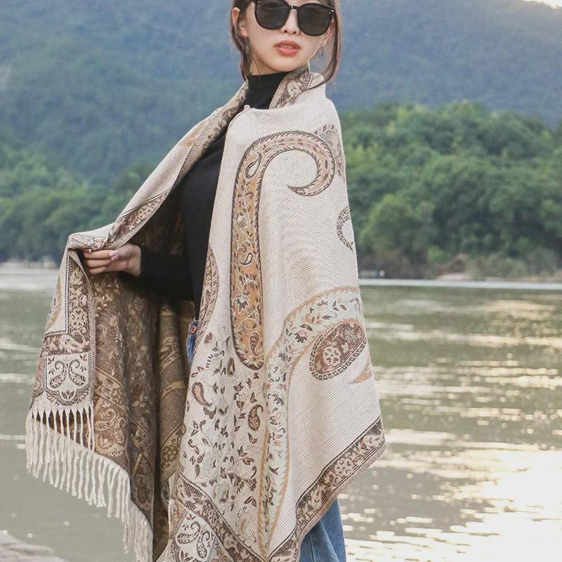 Ethnic Style Cashew Pattern Shawl Cloak Scarf: Imitation Cashmere, Thick, Dual-Purpose Women's Accessory for Autumn/Winter