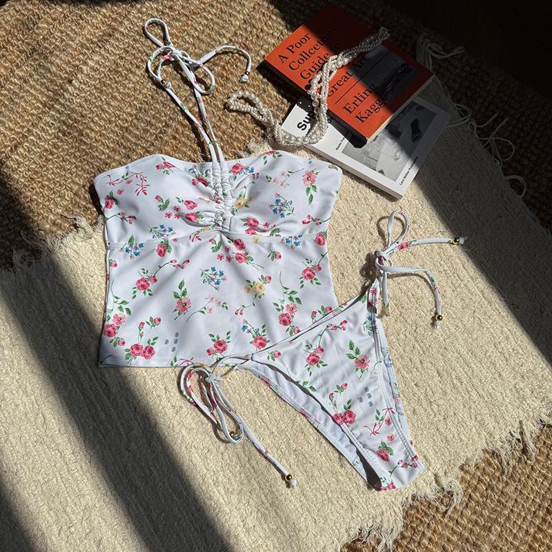 Sexig Blommigt Tryck Bikini Kvinnor Halter Pleate Drawstring Push Up Crop Top Thong Baddräkt Strandbaddräkt Badkläder