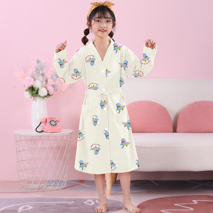 Girls' Combed Cotton Long-Sleeve Pajama Robe - Spring/Summer Bathrobe for Kids, Cute Sleepwear for Middle and Big Girls