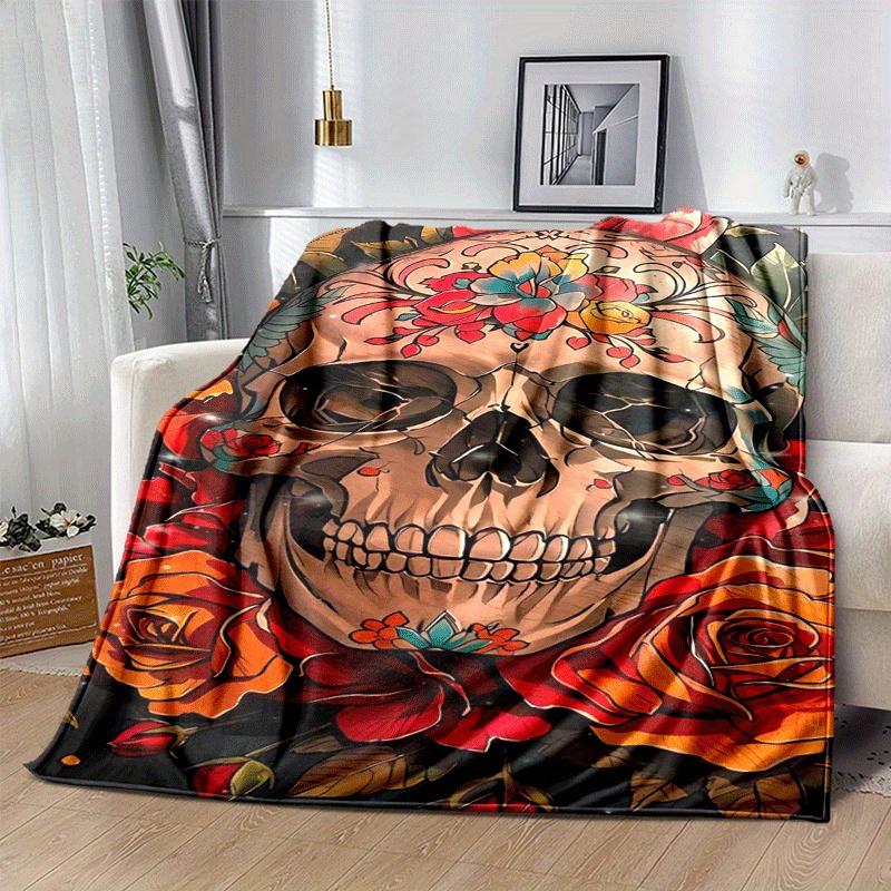 1pc Skull Printing Lightweight Flannel Blanket, Comfortable and Warm Blanket, for Camping Sofa Bed and Couch Office, Gift