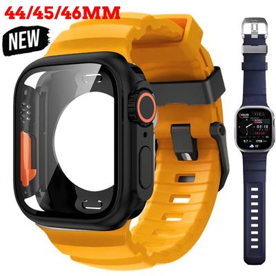 Silicone Strap+PC Case for Apple Watch 44 45 46mm Sport Bracelet Band Screen Protector Cover for Iwatch 10 9 8 7 Change To Ultra