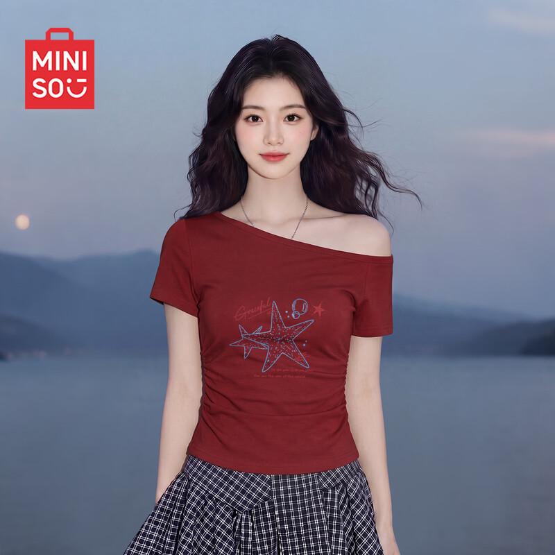 MINISO Women's Slim Fit One-Shoulder Short Sleeve T-Shirt