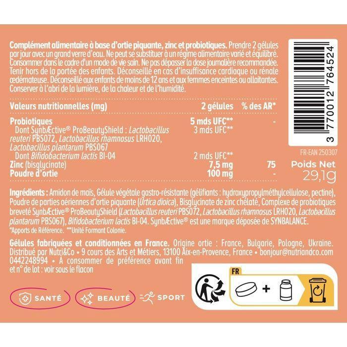 Probiotikum Čistá pleť - Nedokonalosti & Akné - Zinek + Kopřiva - 60 kapslí Vegan - Nutri&spol