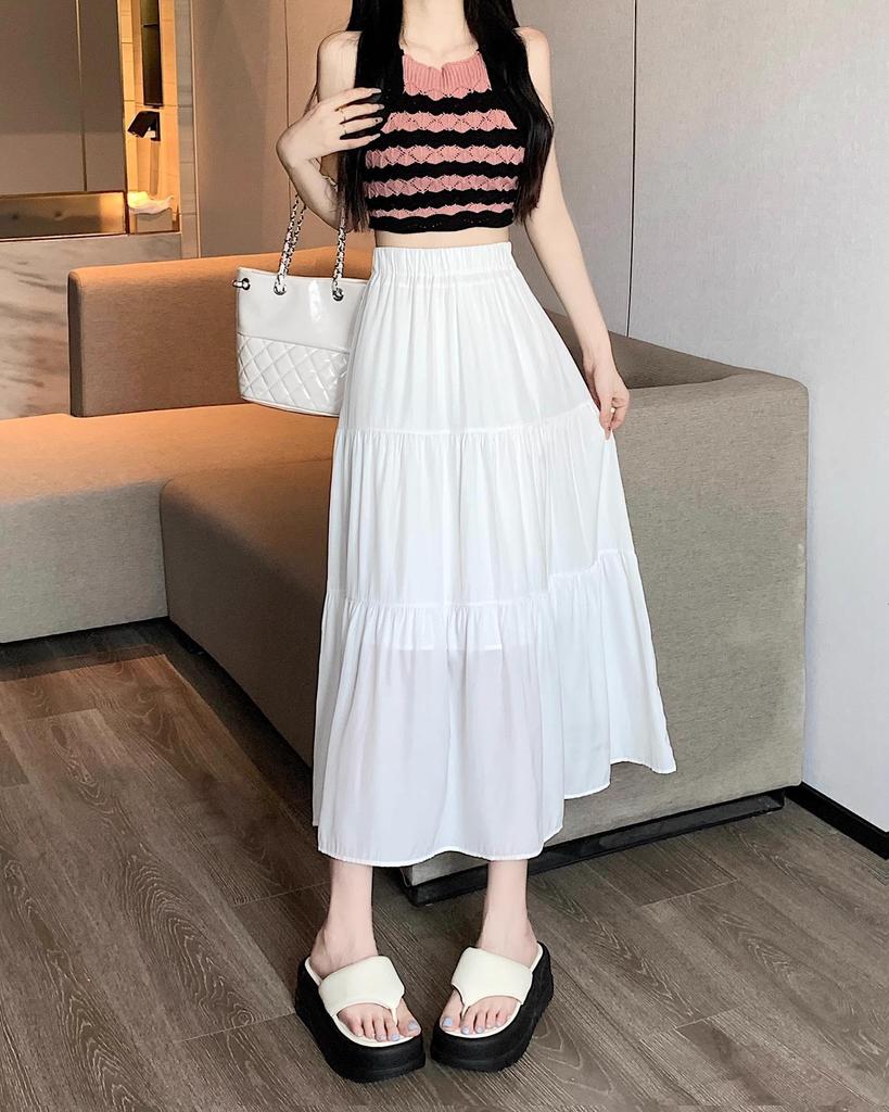 Women's High-Waist Drape Pleated A-Line Skirt - White Korean Style Midi with Hip-Covering Swing