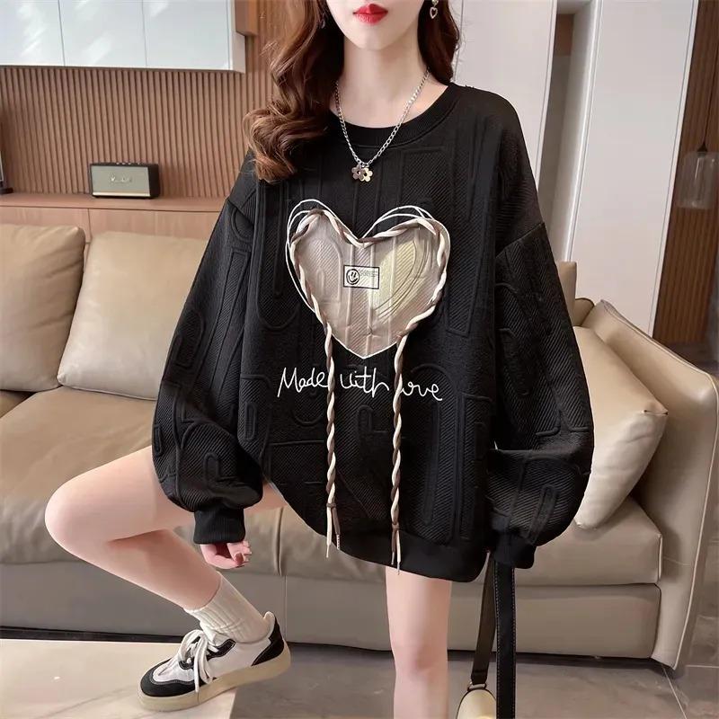 Spring and Autumn New Thin Sweatshirt Women's T-shirt Women's Loose Covering Flesh Large Size Fashionable High-end Women's Outerwear Top Long Sleeve
