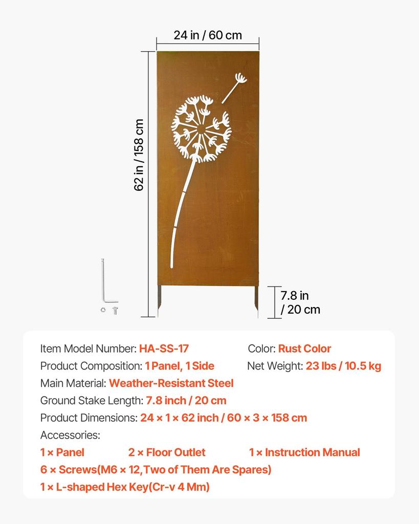 Metalen Privacy Scherm, 61 x 160 cm Vrijstaand Modern Privacyhek, Tuin Afscheidingspaneel met Verlengde Grondpennen & Stalen Plaat, Vrijstaand