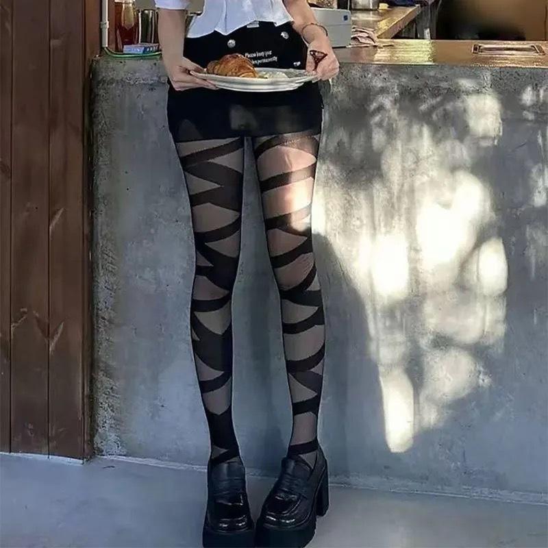 High-End Silver Silk Gray Stockings Gray-Tie Bright Silk Rhombus Cross-Striped Shiny Black Stockings Skin-Penetrating Pantyhose