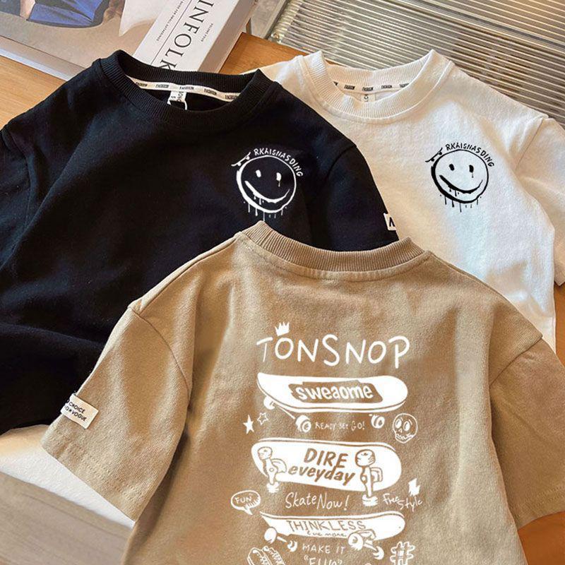 Kids' Summer 2024 Boys' Cotton T-Shirt: Trendy Loose-Fit Short Sleeve Top